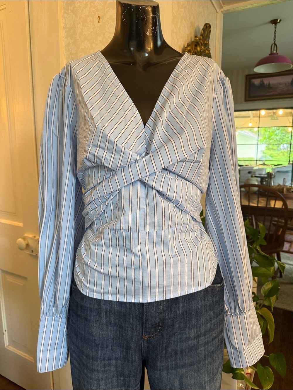 Ryegrass Striped Twist-Front Crossover Long Sleeve 4 Button Cuffs Blouse XXL